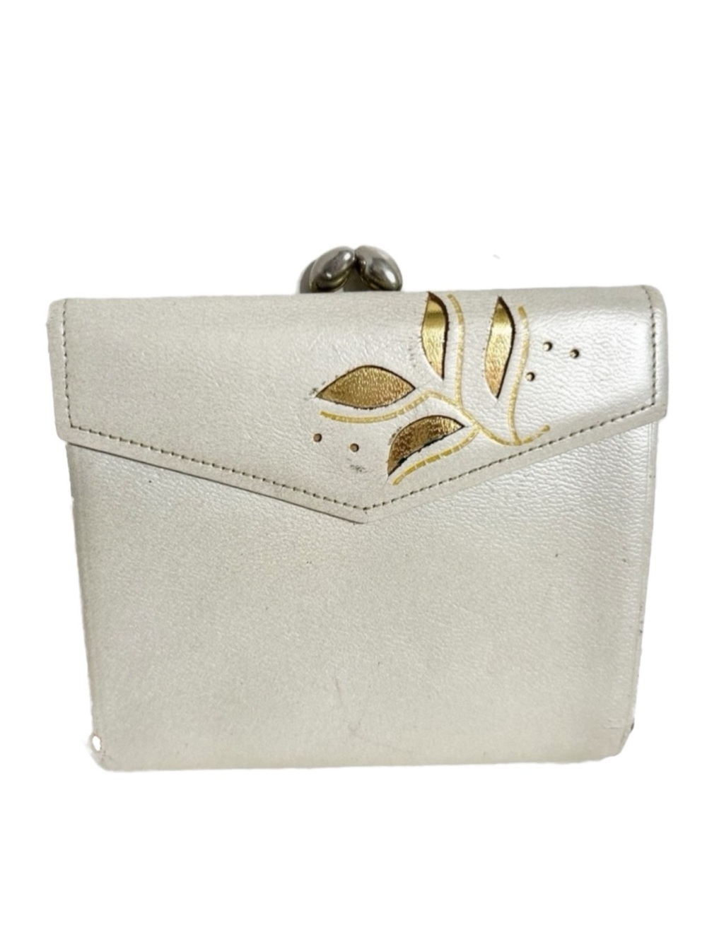 Vintage Unbranded Leather Wallet Floral Cutout Inlaid Kiss Lock Close Coin Purse